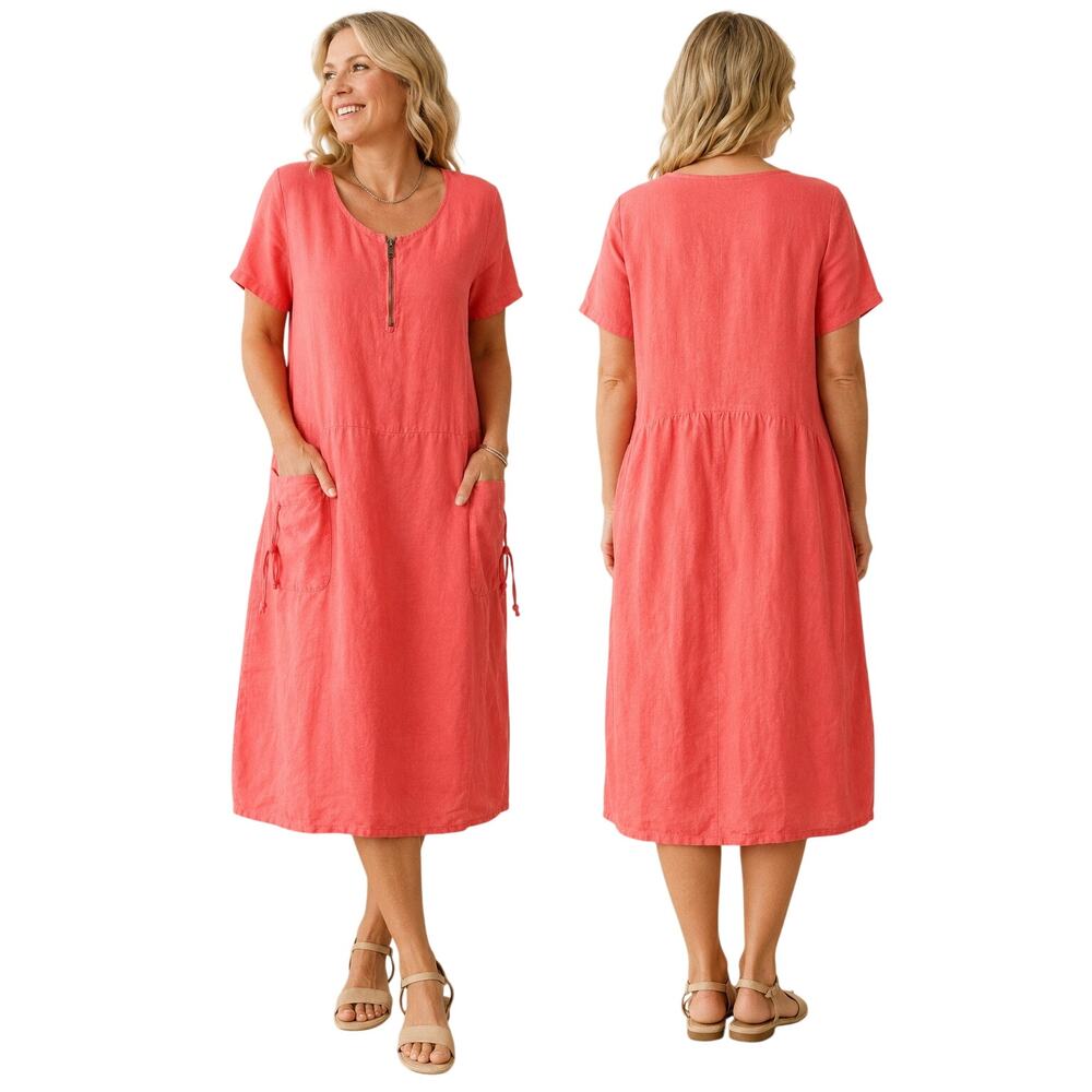 Annabelle 100% Linen Coral Midi Dress, Made In Italy, Lagenlook, Large